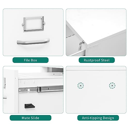 YITAHOME Aktenschrank Abschließbar, Metall Aktenschränke mit 3 Schubladen für A4, Legal, Letter, Anti-Kippen Büroschrank mit Cue-Kartenschlitz für Home-Office, Weiß, 45.8 x 45 x 103cm