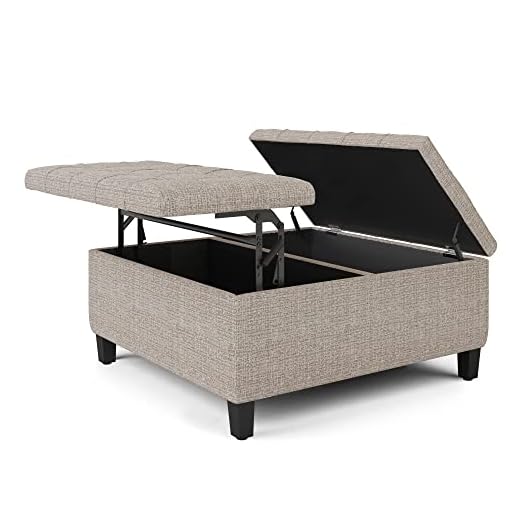 SIMPLIHOME Harrison 36 inch Wide Square Coffee Table Lift Top Storage Ottoman, Cocktail Footrest Stool in Upholstered Platinum Tufted Tweed Fabric for the Living Room, Traditional