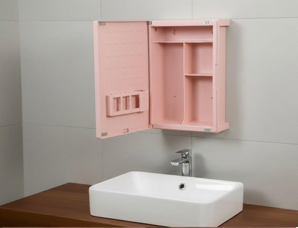 zahab Milstone Pink Bathroom Cabinet with Mirror (10 x 14 Inch) | Wall Mount Plastic Storage Cabinet | Toothbrush Holder & Multi Compartments | Shatter Proof Mirror Bathroom Organizer 2