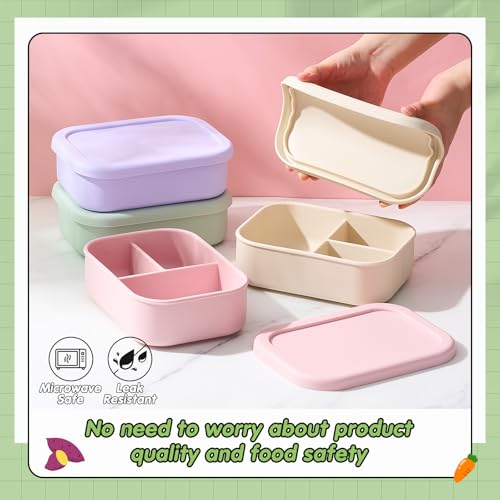 Image of Layhit 4 Pcs Silicone Bento Box for Adults, 27 oz Bento Lunch Container Reusable Food Container for Women Men, Leak Proof Microwave Dishwasher Freezer Safe (3 Compartments,Desaturated Colors)