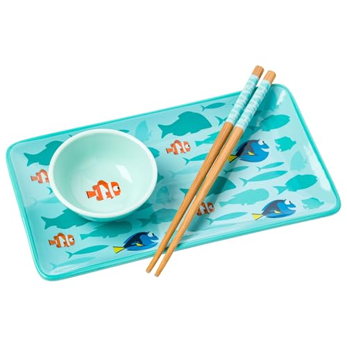 Image of Silver Buffalo Disney Pixar Finding Nemo Finding Dory 3 Piece Ceramic Sushi Set With Dipping Sauce Dish and Chopsticks