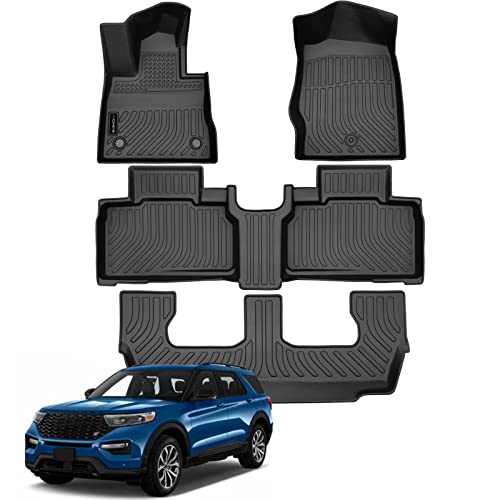 Auxko All Weather Floor Mats Fits for Ford Explorer 2020-2023 7 Seat Full Set TPE Rubber Liners Set All Season Guard Odorless Anti-Slip Floor Mats for 1st & 2nd & 3rd Row