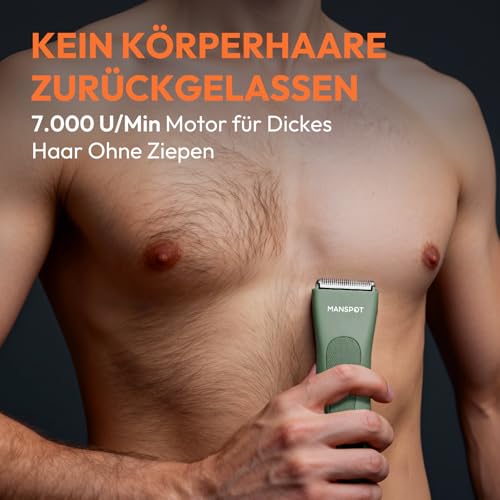 MANSPOT Intimrasierer Mann, Körperhaartrimmer für Herren, Professioneller Body Trimmer Wasserdicht mit 4 Scherkämmen – Für Trimmen von Brust, Beinen, Achseln & Intimbereich – Nass & Trocken