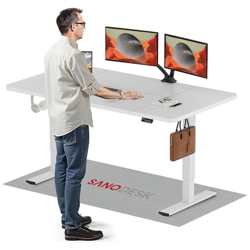 SANODESK 160×60CM Electric Standing Desk Height Adjustable Standing Desk with Hooks Sit Stand Table Adjustable Desk with Child Lock Function and Memory Smart Pannel for Home Office