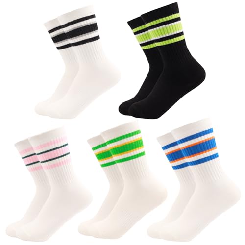 5 Pairs Solid Color Multi Stripe Crew Socks Casual Striped Socks for women Girls