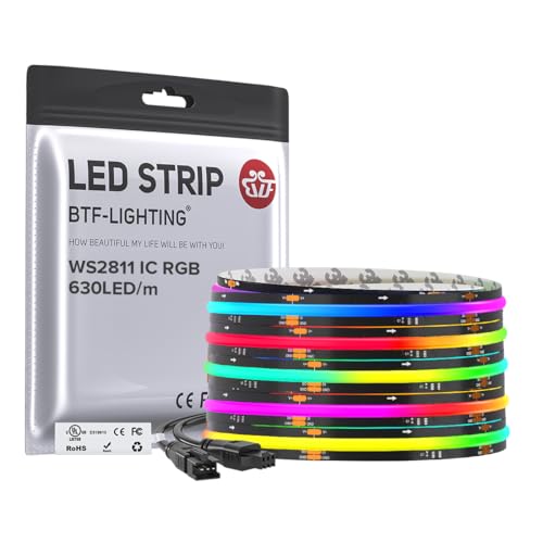 BTF-LIGHTING WS2811 Smart IC RGB FCOB COB LED Strip UL Listed 630LEDs/m High Density Color Chasing Uniform Light DC24V 16.4FT 10mm Width Black PCB for Home Party DIY Decor(No Adapter or Controller)
