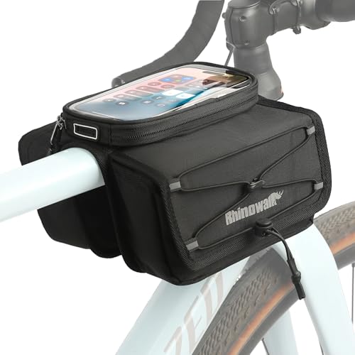 Rhinowalk Fahrrad Rahmentasche mit Handyhalter – wasserdichte Oberrohrtasche mit Regenschutz, Doppelseitige Aufbewahrung mit Reißverschluss & Magnetverschluss, Touchscreen Handyhülle (Schwarz)