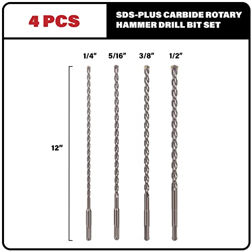 Sabre Tools 4-Piece 12In Sds Plus Drill Bit Set, Carbide Tipped, Rotary Hammer Drill Bits For Brick, Stone, Concrete (1/4" X 12", 5/16" X 12", 3/8" X 12", 1/2" X 12") #TOP1