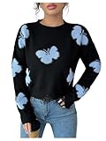 Verdusa Women's Butterfly Ripped Y2k Crop Sweater Crew Neck Graphic Pullover Knit Tops Fall Clothes Black and Blue Medium