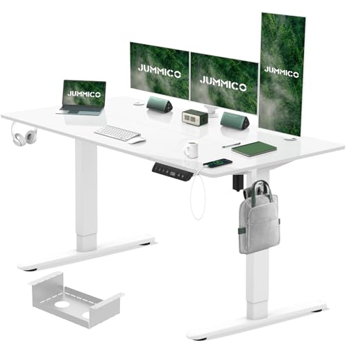 JUMMICO Electric Standing Desk 160x80 cm with Charging Port, Height Adjustable Computer Desk with Cable Tray,Ergonomic Sit Stand up Desk Rising Table Home Office Furniture, White