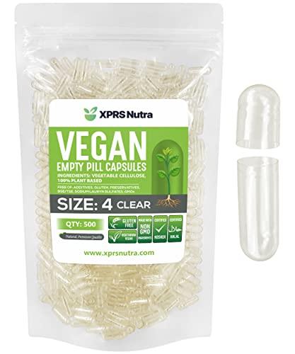 Image of XPRS Nutra Size 4 Empty Capsules - 500 Count Small Clear Empty Vegan Capsules- Vegetarian Pills - DIY Vegetable Capsule Filling - Fillable Do-It-Yourself Caps for Supplements