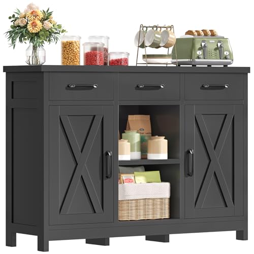 Image of TEENFON Coffee Bar Cabinet with 3 Drawers, Farmhouse Buffet Cabinet | Kitchen Buffet Sideboard Cabinet with 2 Adjustable Shelves & 2 Doors, for Kitchen Room, Dining Room, Living Room, Black