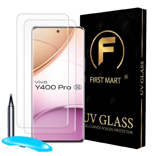 Image of FIRST MART Military Grade UV Tempered Glass For Vivo Y400 Pro 5G (6.77 Inch) With Edge To Edge Full Screen Coverage & Easy UV Installation Kit | Crystal Clear, Pack of 2