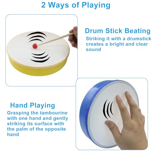 Zorfeter 4 Pcs Hand Drums, Multicolor Wood Frame Drum Set Drum Stick for Beginners Home Party Supplies(12", 10", 8", 6")