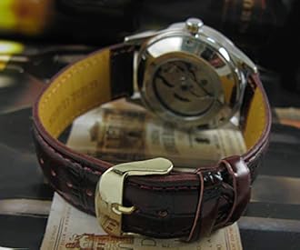 VIGOROSO Men's Automatic Mechanical Watch Day Calendar Leather Band Arabic Numerals Wristwatch for Men