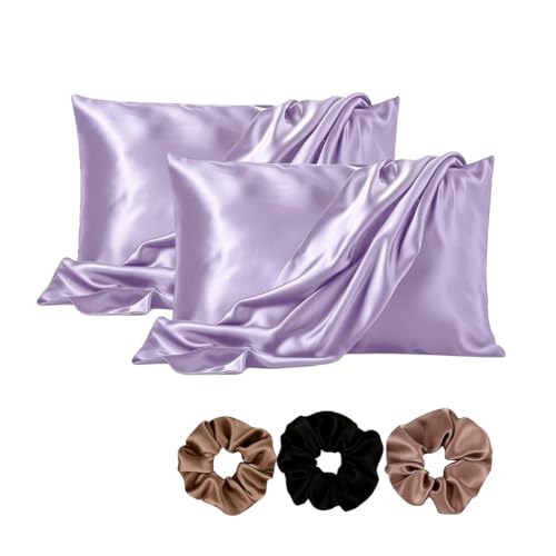 Image of Satin Pillow Covers Set of 2 - Soft & Smooth Pillowcases for Hair & Skin Care | Envelope Closure | Includes 3 Free Random Color Scrunchies | Frizz-Free Sleep Essentials (Lavender)