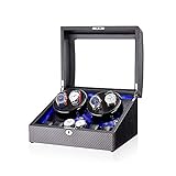 Black 4+6 Automatic Watch Winder Box with LED Light in Wood Shell and Leather Piano Paint Exterior Super Quiet Motor (C)