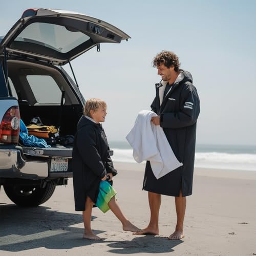 Owntop Wasserdichter Wickelmantel für Erwachsene - Winddichte Kapuzenmantel mit Sherpa-Fleece-Futter | Individueller Klettpatch | Übergroßer Wärmemantel für Schwimmen Surfen Strand (Schwarz,M)