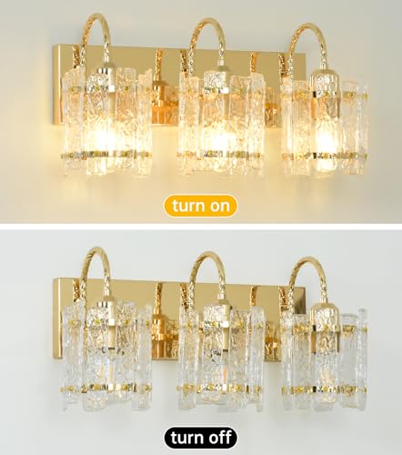 Image of Gold Vanity Lights 3 Lights with Water Ripple Glass Shade Modern Bathroom Sconce Above Mirror 20in Hallway Lamp for Bathroom Living Room Bedroom