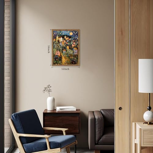 Image of Abstract Moon Stars Tree Framed Canvas Wall Art - Vintage Gustav Klimt Style Oil Painting Print, Village Night Landscape Decor for Living Room Bedroom Nursery Office 12x16 inch