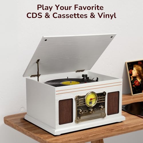 Image of FEKTIK Bluetooth Record Player 10 in 1,FEKTIK 3-Speed Turntable for Vinyl with Speakers, LP to MP3 Converter, CD, Cassette Player, FM Radio, Wireless Streaming | White