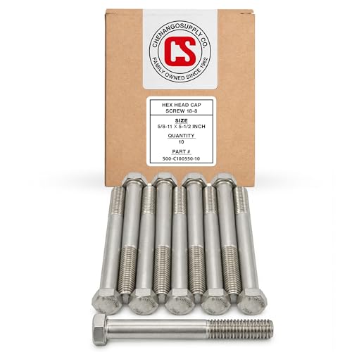 Image of Chenango Supply 5 /8-11 x 5-1 /2 inch Stainless Steel Hex Head Bolts | 304 Stainless, USS Coarse Thread, 100,000-125,000 PSI Tensile Strength, Corrosion-Resistant Hardware Bolts, (10 Pieces)