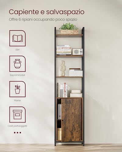 VASAGLE Libreria Scaffale a 6 Ripiani, Libreria Verticale con Anta, Struttura in Metallo, Ripiani Regolabili, 24 x 40 x 159,5 cm, Salotto Camera da Letto, Marrone Vintage e Nero Inchiostro LLS132K01 - Immagine 4