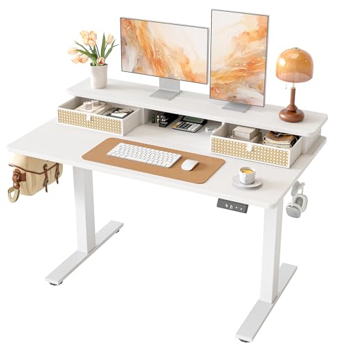 Image of TIQLAB Standing Desk with Two Drawers, Stand Up Standing Desk Adjustable Height, Electric Sit Stand Table with Storage Shelf and Splice Board, 48 * 24 inch, White Wicker