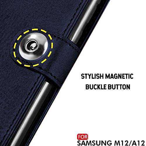 Image of TheGiftKart Flip Case Back Cover for Samsung Galaxy M12 / F12 / A12 (Genuine Leather Finish | Inside Pockets & Inbuilt Stand | Wallet Style Back Cover Case | Designer Button Magnet | Blue)