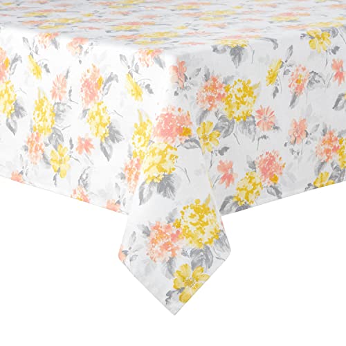 Martha Stewart Amber Floral Polyester Cotton Rectangle Tablecloth Single Pack, Yellow/Coral, 60