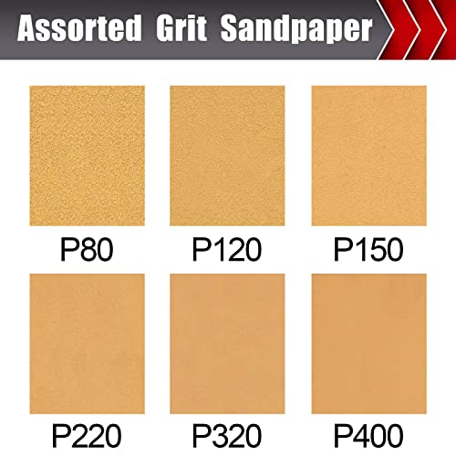 50 Pcs 1/4 Sheet Sandpaper, Premium Sand Paper 80/120/150/220/320/400 Grit Sandpaper Sheet Sand Paper Assortment for Wood Metal Automotive Palm Sanders 5.5" x 4.5"