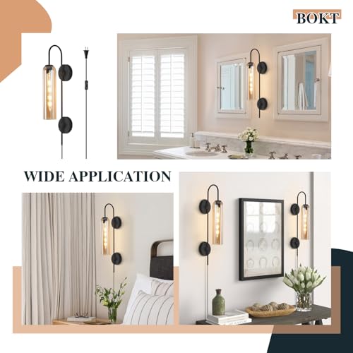 Image of BOKT Modern 1-Light Wall Sconce Lighting Plug in Farmhouse Matte Black Glass Wall Mounted Light Plug in Cord Industrial Indoor Long Wall Sconce Vintage Bedroom Wall Lamp (Amber)