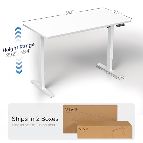 Image of VIVO White 55 x 28 in Standing Desk, DESK-KIT-1W55W | Electric, Holds 220 lbs, Sit Stand, Height Adjustable, Solid One-Piece Table Top, Memory Presets, 1B Series, White Frame