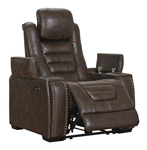 Signature Design by AshleyGame Zone Faux Leather Adjustable Power Recliner with Cup Holders, Brown