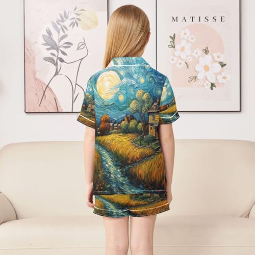 ALAZA Van Gogh Farm Oil Painting Satin Pajamas Set Short Sleeve Button Down Sleepwear Summer Pjs 2 Piece4