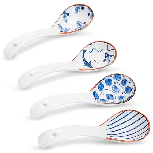 4 PCS Chinese Soup Spoons, 6.2 Inch Ceramic Ramen Spoons, Japanese Retro Style Soup Spoon, Creative Porcelain Asian Soup Spoon for Rice Wonton Pho Dumpling Noodles Cream Dishwasher Safe