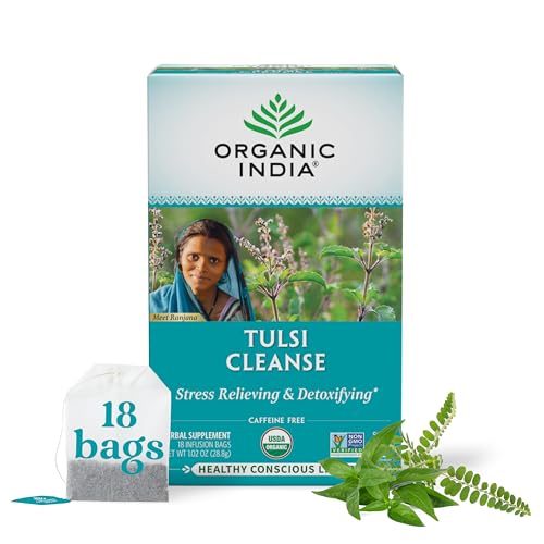 Organic India Tulsi Cleanse Herbal Tea - Calming & Detoxifying, Immune Support, Adaptogen, Vegan, Gluten-Free, USDA Certified Organic, Non-GMO, Caffeine-Free - 18 Infusion Bags, 1 Pack