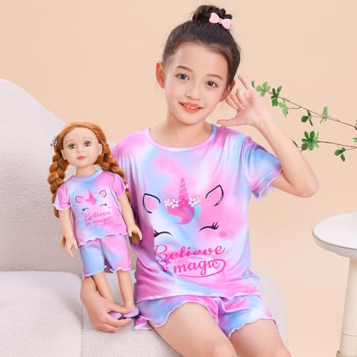 ICOSY Matching Doll & Girls Pajamas Set 2 PCS Kids Pajamas Top and Shorts for American 18" Doll Girl Clothes3