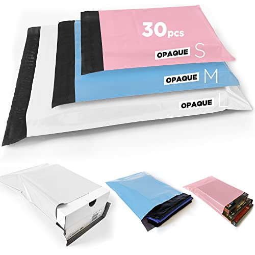 Enveloppes plastiques d’expédition colorées, Sacs d'expédition Opaque, Emballage colis Vinted pour vêtement, livre, boîte, cadeau, Pochettes envoie colis (32X45 25X35 20X30, Blanc Bleu Rose, 30pcs)