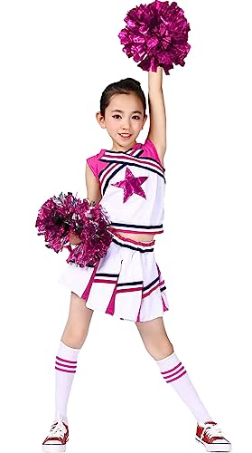 LOLANTA Girls' Cheerleading Costumes with Pompoms and Socks, Kids Halloween Fancy Dress Up, Cheerleader Outfit, Rosered, 4-5 Years, 110
