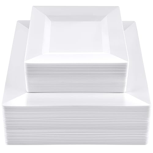 SETUP [100 Piece] Combo White Square Disposable Plates - Premium Heavy-Duty - 50 Count 9.5" Dinner Party Plates and 50 Count 6.5" Salad Plates by SETUP - Used condition - CA$17.79
