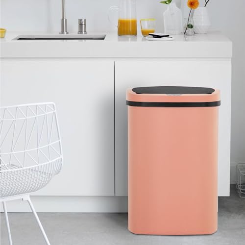 Image of BestOffice | 13 Gallon Plastic Trash Can with Lid | Pink | Automatic Touchless Garbage Can | Odor Control | Modern Oval Design | Easy to Clean | For Kitchen, Bathroom, Office or Home