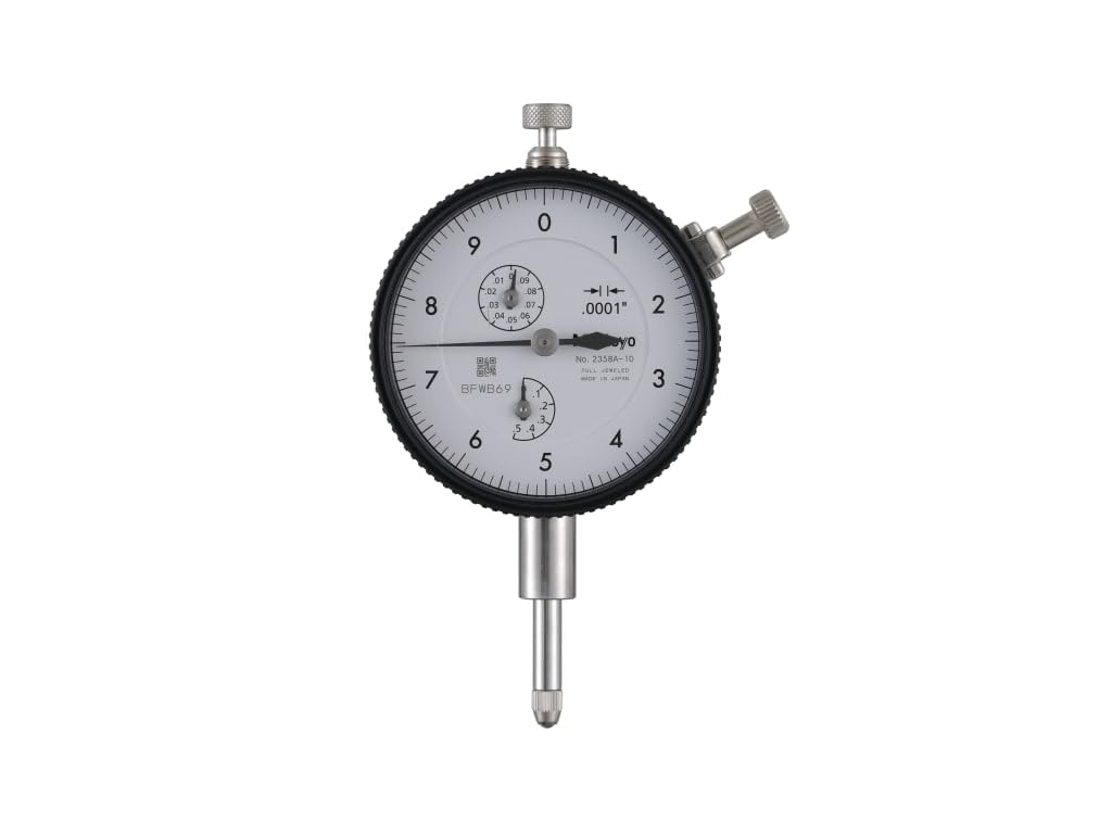 Mitutoyo 2358A-10 Dial Indicator, 0-0.5" Range, 0.0001" Graduation, Stem-Bush Design for Longer Clamping Range, High Dust Resistance, Rigid Bearing Plate for Reduced Tracing Error
