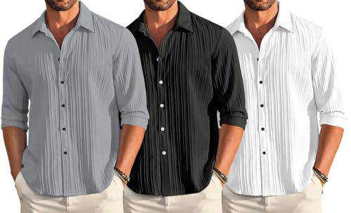 Image of FINIVO FASHION Combo of Men's Casual Cotton Plain Button Down Shirt Long Sleeve Textured Summer Beach Shirt for Men Pack of 3
