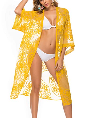 Women's Lace Cardigan Floral Crochet Sheer Beach Cover Ups Long Kimono Bikini Bathing Suit3