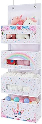 WERNNSAI Magical Unicorn Over Door Hanging Organizer - 4 Clear Window Pocket Foldable Wall Storage for Baby Girls Toy Diaper Closet Organizers Bedroom Nursery Decor