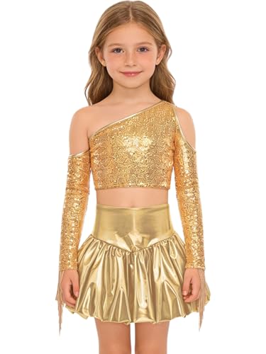 Ensemble vêtements danse jazz fille haut asymétrique short doré Aislor
