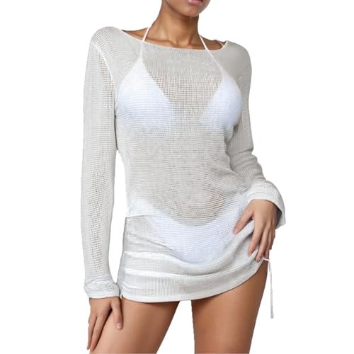 Pareo de baño para Mujer con Ganchillo Ahuecado Mangas largas y cordón Ajustable Cubierta Playera Elegante y Transpirable (White, S)