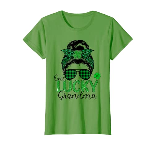 Damen One Lucky Grandma St. Patricks Day Family Leopard Messy Bun T-Shirt
