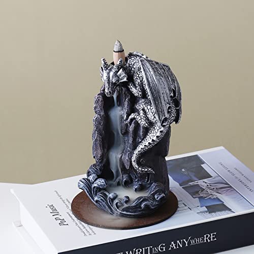 Makouyu Dragon Backflow Incense Holder Waterfall Incense Burner, With 100 Backflow Incense Cones,1 Mat,1 Tweezers，Dragon Statues，Aromatherapy Ornamental For Home Office Yoga （Silver Dragon） #TOP5